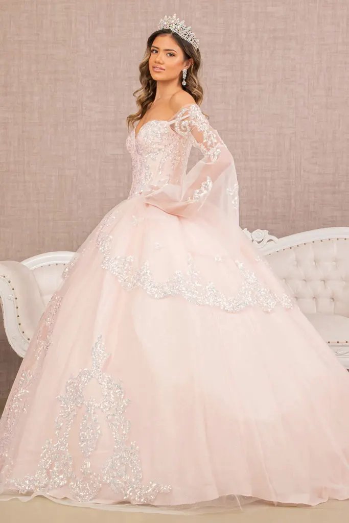 Glitter Layered Hem Quinceanera Gown w/ Long Mesh Sleeves by Tux-USA