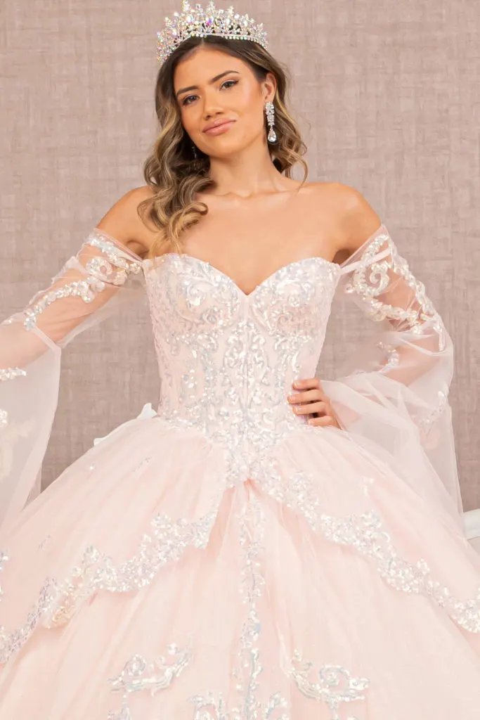 Glitter Layered Hem Quinceanera Gown w/ Long Mesh Sleeves by Tux-USA
