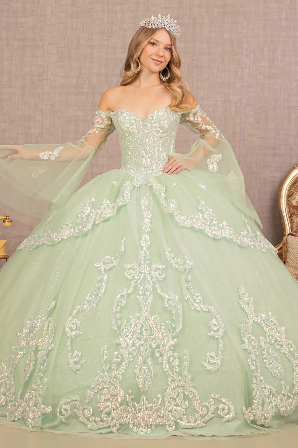 Glitter Layered Hem Quinceanera Gown w/ Long Mesh Sleeves by Tux-USA