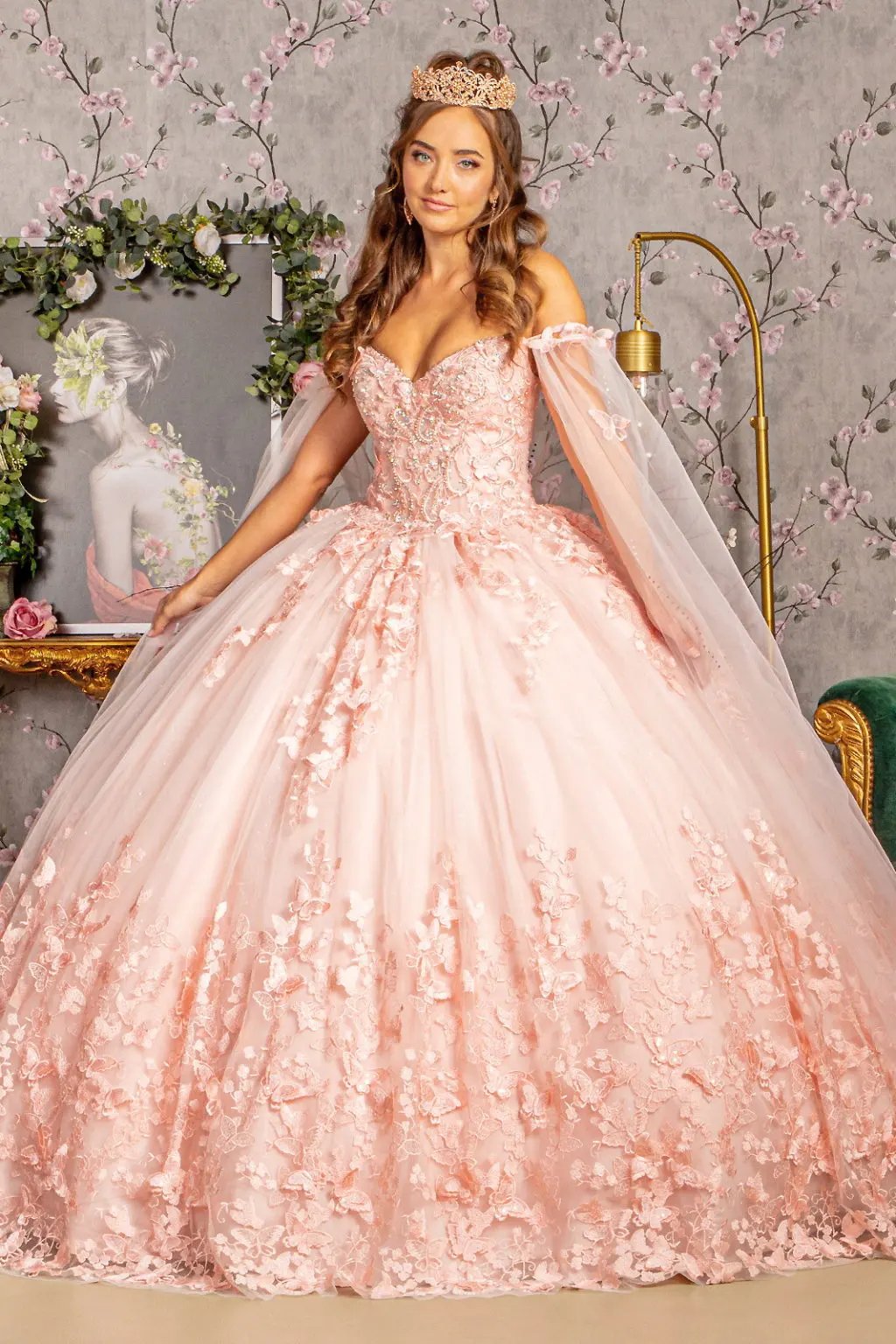 3-D Butterfly Applique Glitter Quinceanera Gown w/ Long Mesh Layer by Tux-USA