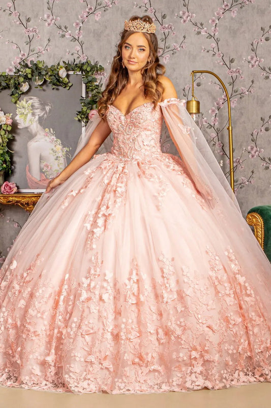3-D Butterfly Applique Glitter Quinceanera Gown w/ Long Mesh Layer by Tux-USA