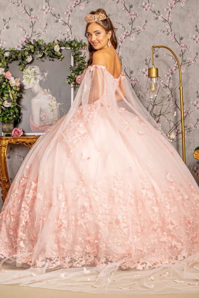 3-D Butterfly Applique Glitter Quinceanera Gown w/ Long Mesh Layer by Tux-USA