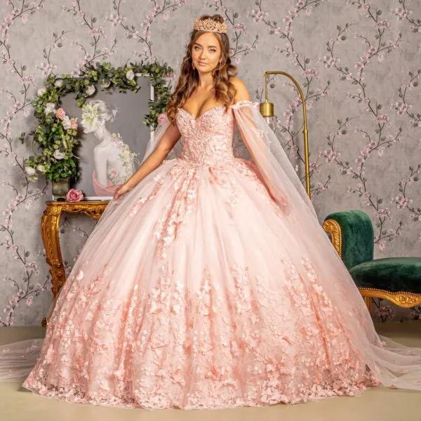 3-D Butterfly Applique Glitter Quinceanera Gown w/ Long Mesh Layer by Tux-USA