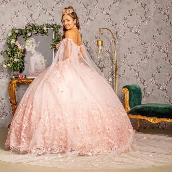 3-D Butterfly Applique Glitter Quinceanera Gown w/ Long Mesh Layer by Tux-USA