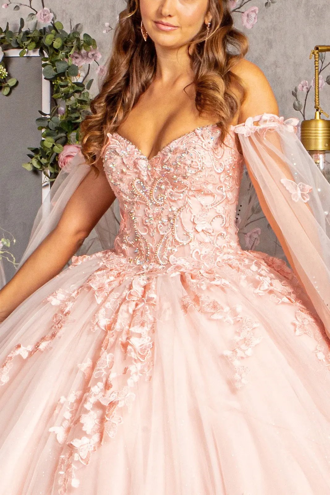 3-D Butterfly Applique Glitter Quinceanera Gown w/ Long Mesh Layer by Tux-USA