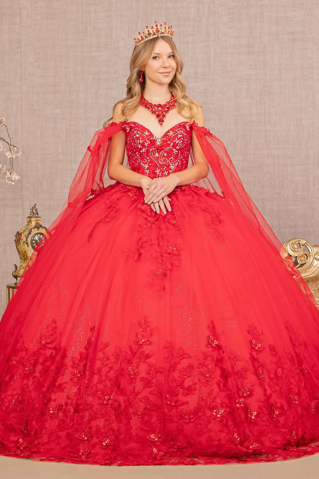 3-D Butterfly Applique Glitter Quinceanera Gown w/ Long Mesh Layer by Tux-USA