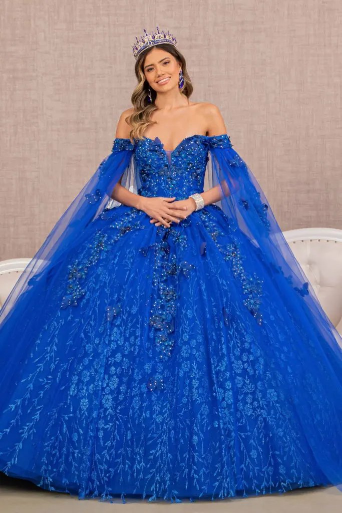 Embroidery Glitter Quinceanera Gown w/ Long Mesh Layer by Tux-USA