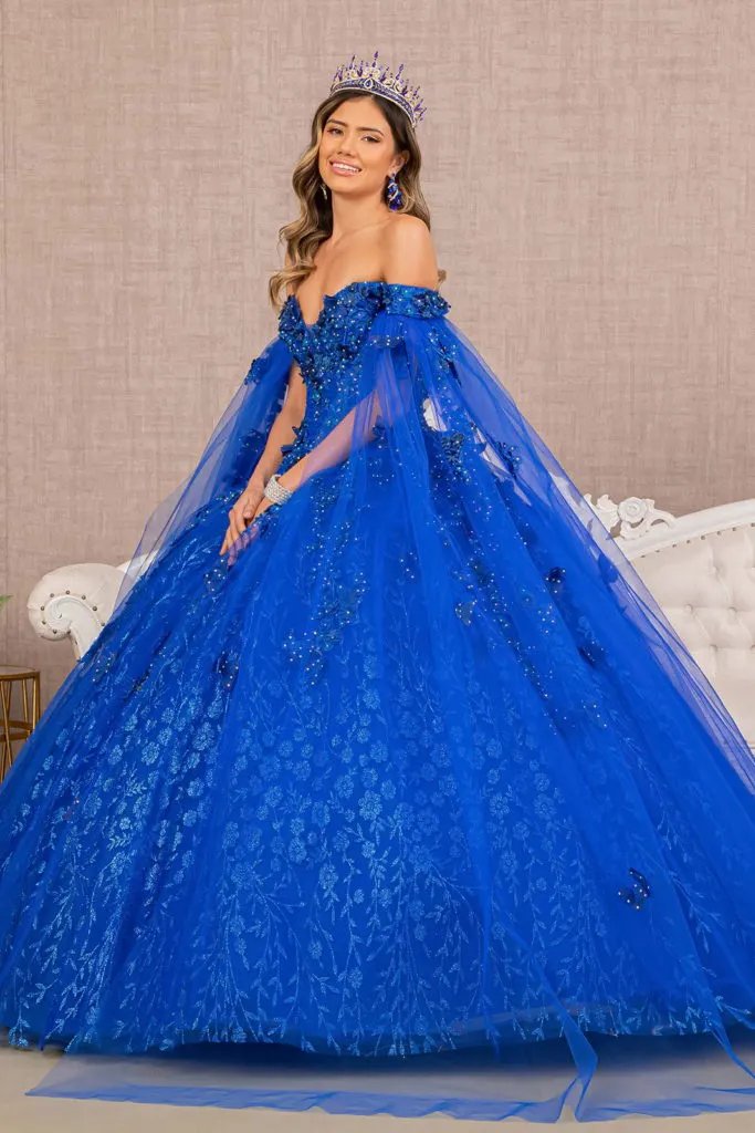Embroidery Glitter Quinceanera Gown w/ Long Mesh Layer by Tux-USA