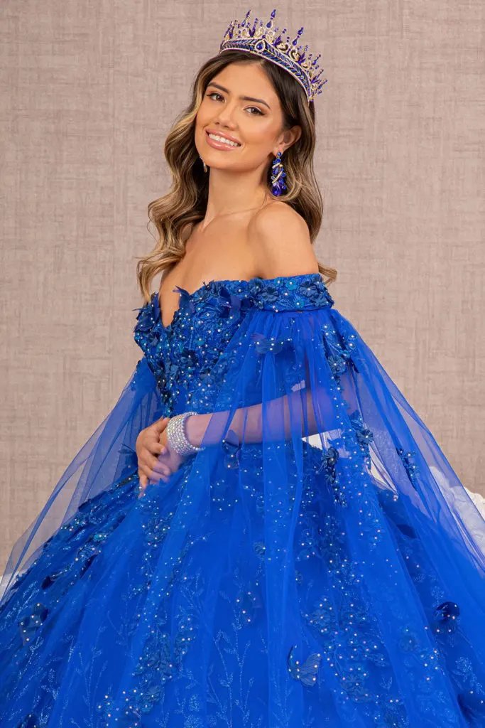 Embroidery Glitter Quinceanera Gown w/ Long Mesh Layer by Tux-USA