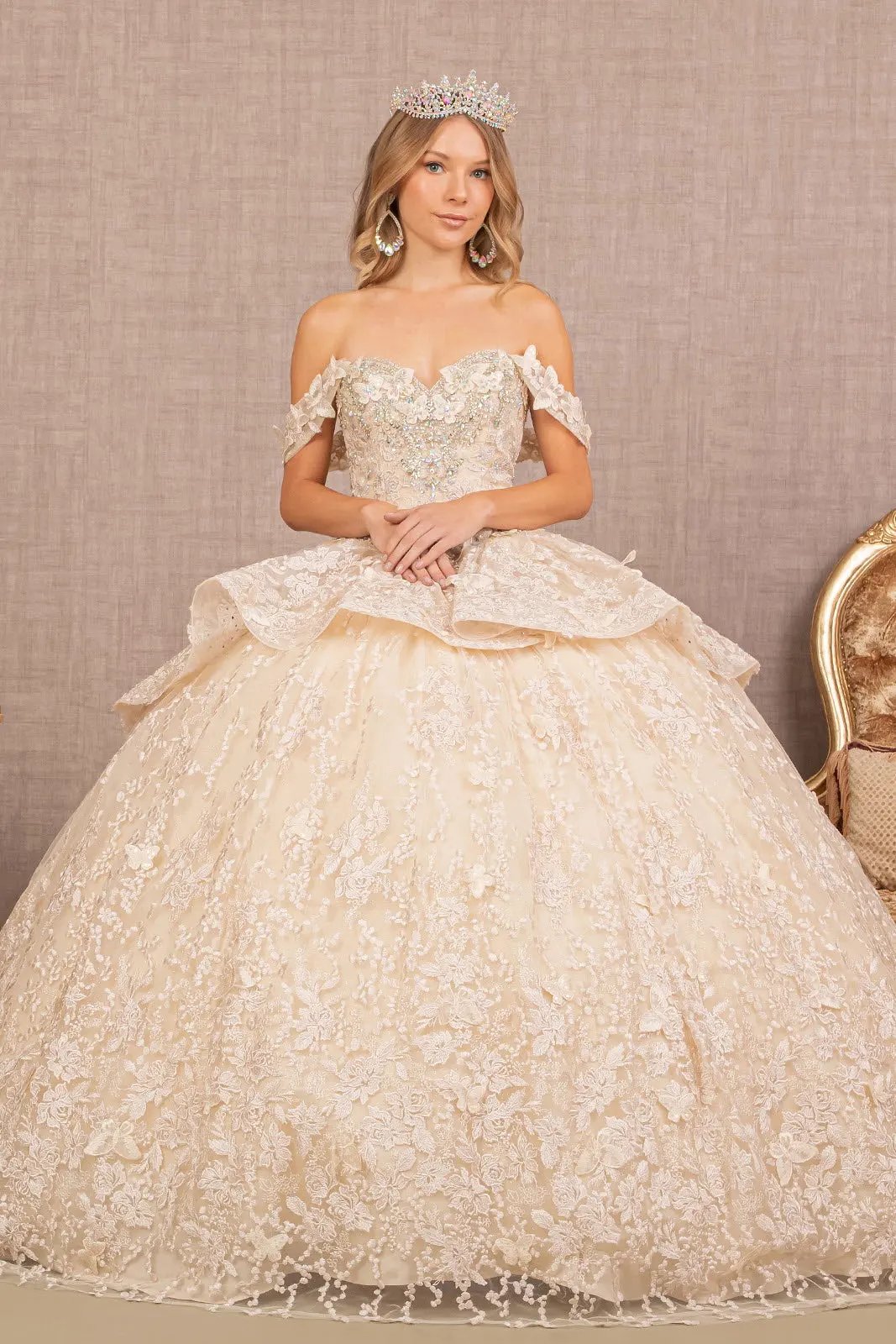 Jewel 3-D Butterfly Applique Off Shoulder Mesh Quinceanera Gown by Tux-USA