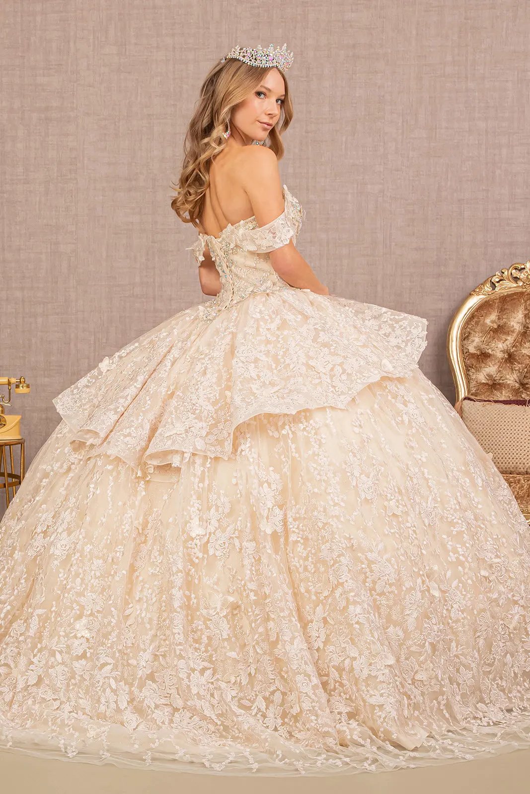 Jewel 3-D Butterfly Applique Off Shoulder Mesh Quinceanera Gown by Tux-USA