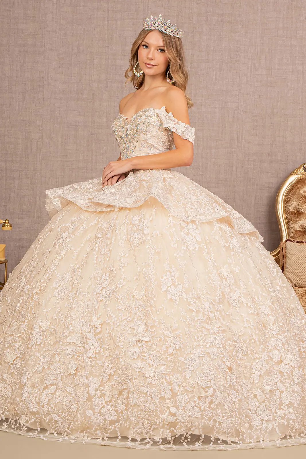 Jewel 3-D Butterfly Applique Off Shoulder Mesh Quinceanera Gown by Tux-USA