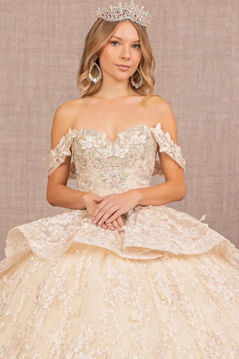 Jewel 3-D Butterfly Applique Off Shoulder Mesh Quinceanera Gown by Tux-USA