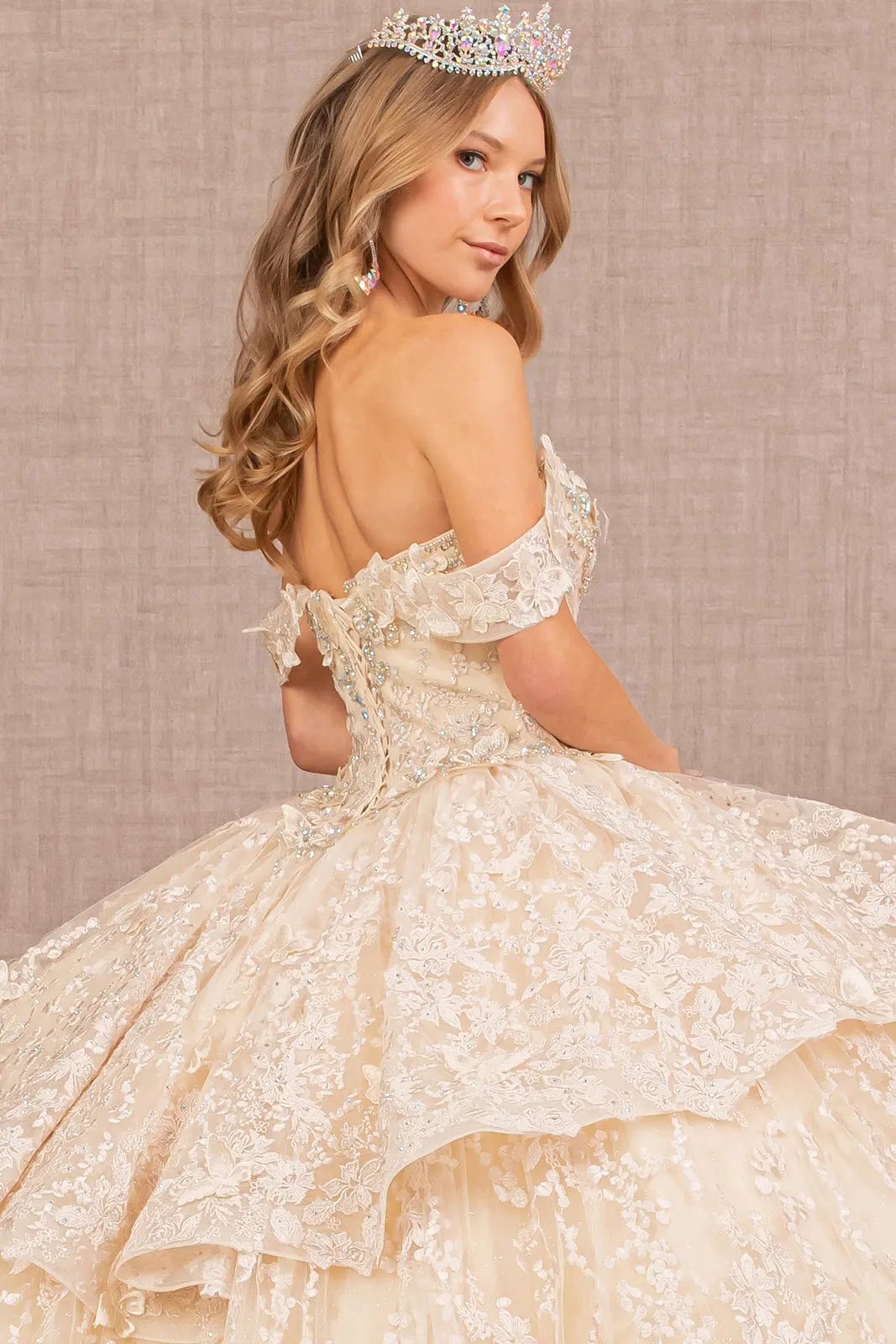 Jewel 3-D Butterfly Applique Off Shoulder Mesh Quinceanera Gown by Tux-USA