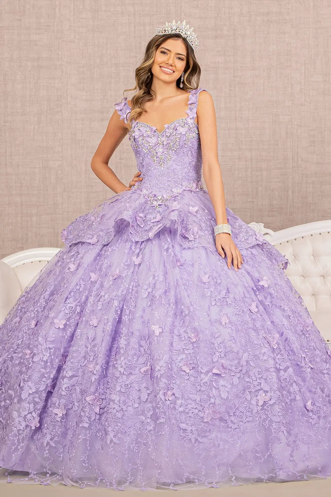 Jewel 3-D Butterfly Applique Off Shoulder Mesh Quinceanera Gown by Tux-USA