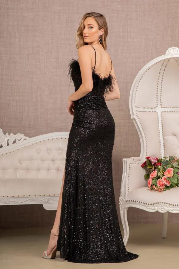 Sequin Ruched Side Mermaid Dress w/ Feather on Neckline by Tux-USA