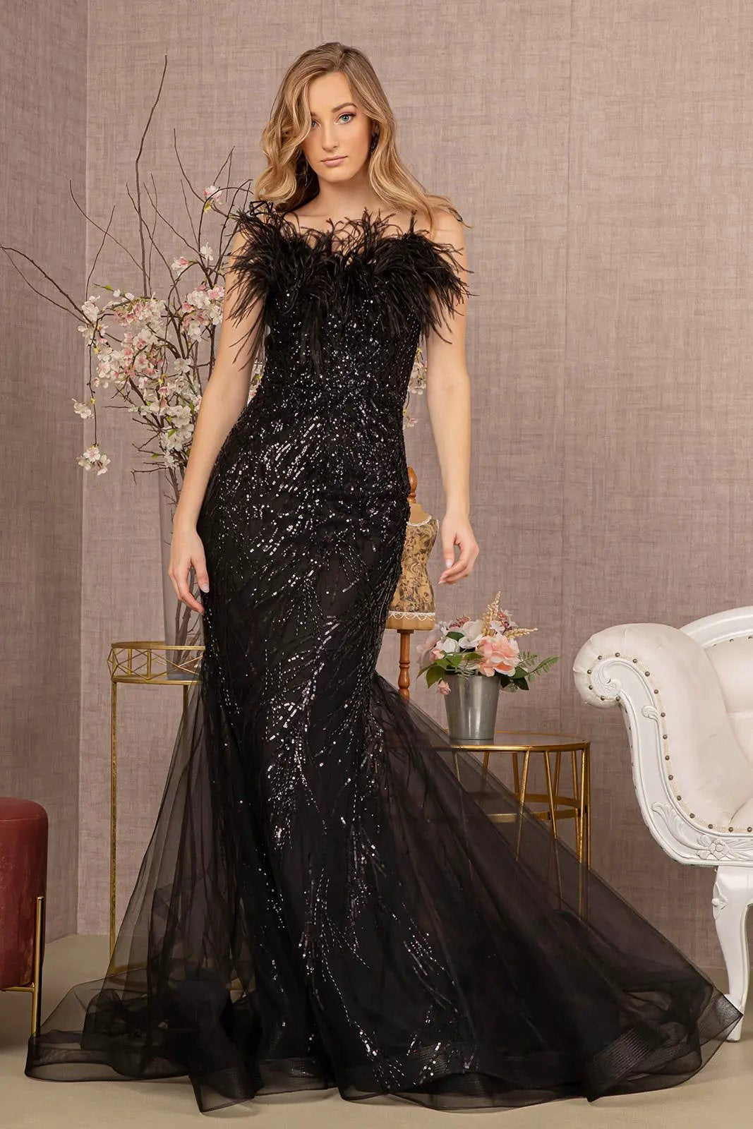 Sequin Sweetheart Mesh Trumpet Dress w/ Feather Embellishment by Tux-USA