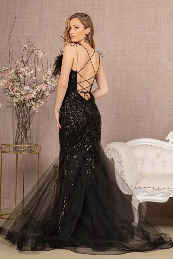 Sequin Sweetheart Mesh Trumpet Dress w/ Feather Embellishment by Tux-USA