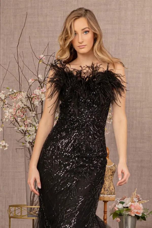 Sequin Sweetheart Mesh Trumpet Dress w/ Feather Embellishment by Tux-USA