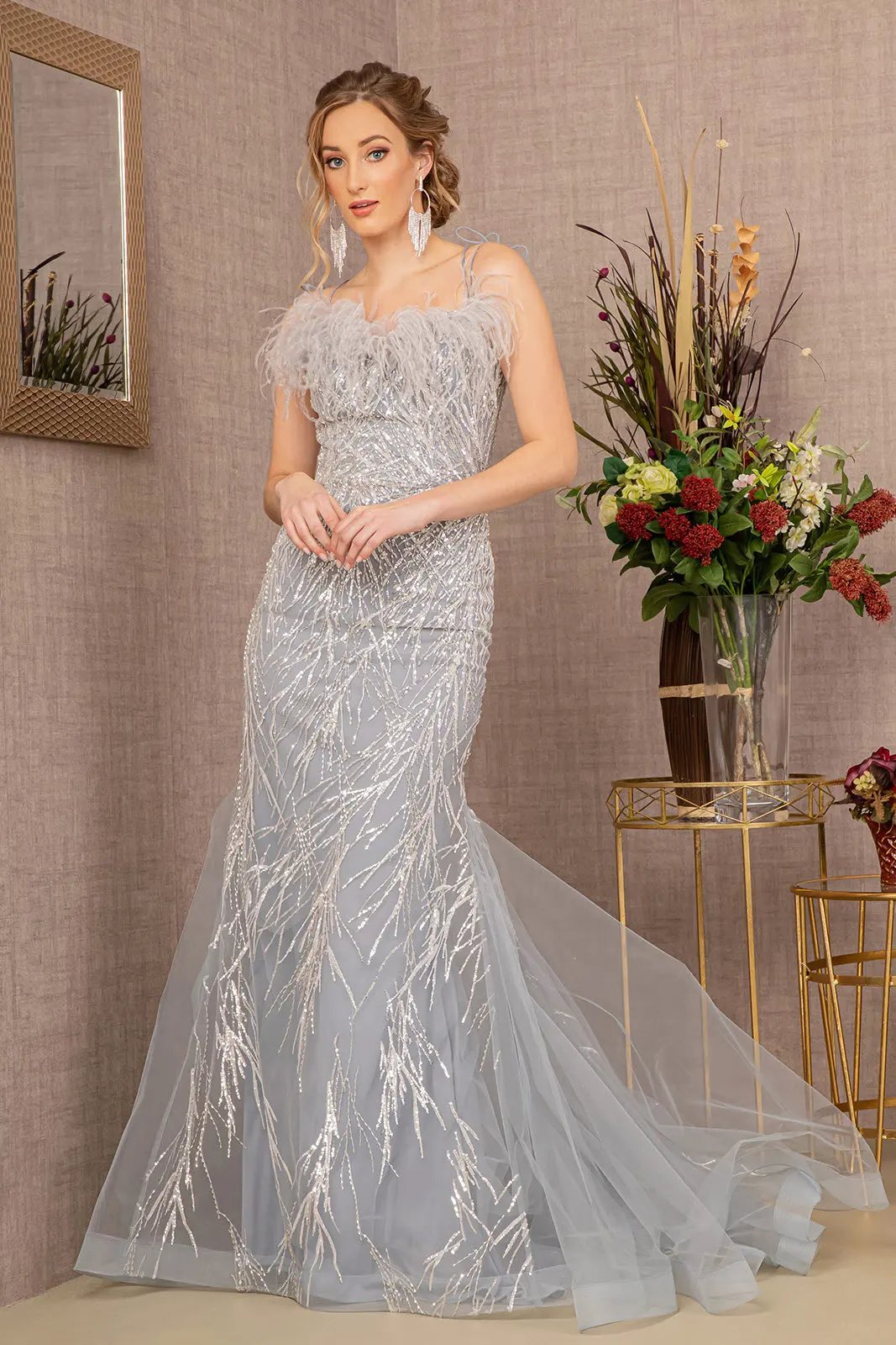 Sequin Sweetheart Mesh Trumpet Dress w/ Feather Embellishment by Tux-USA