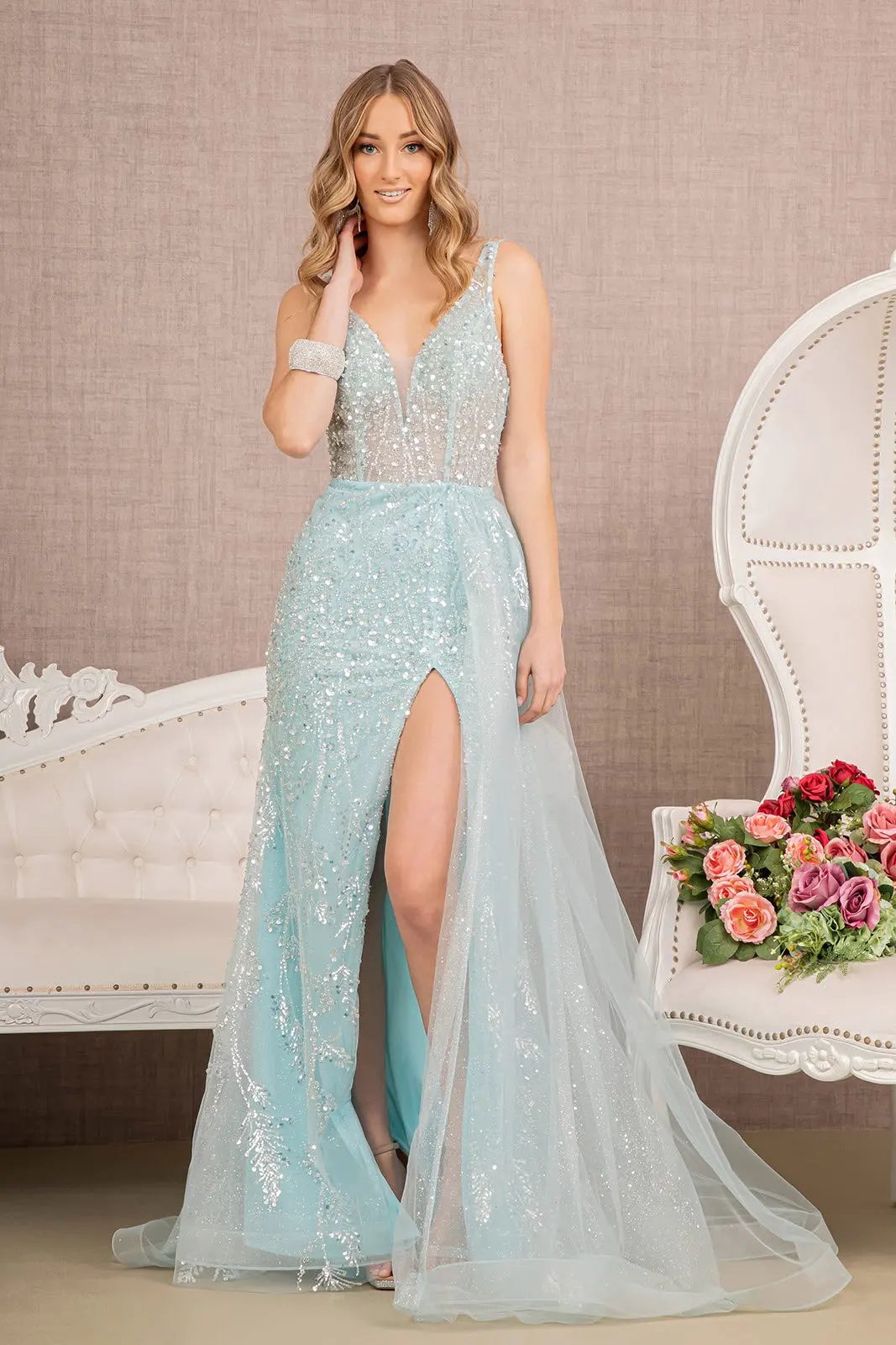Sequin Sheer Bodice Mermaid Dress w/ Side Long Mesh Layer by Tux-USA