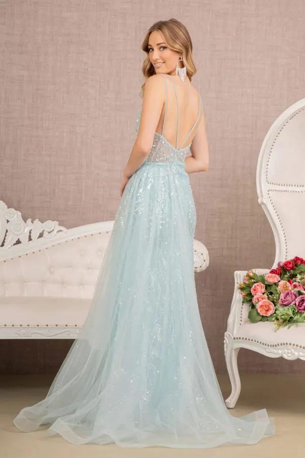Sequin Sheer Bodice Mermaid Dress w/ Side Long Mesh Layer by Tux-USA