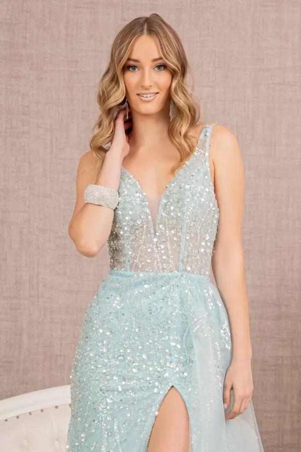 Sequin Sheer Bodice Mermaid Dress w/ Side Long Mesh Layer by Tux-USA