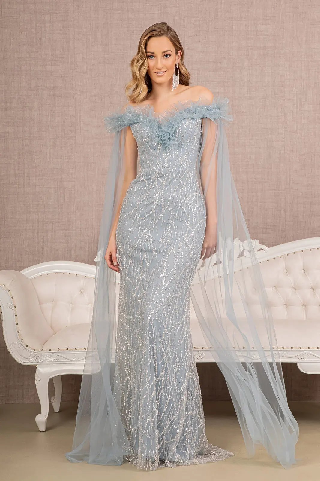 Sequin Bead Strapless Mesh Mermaid Dress w/ Side Long Mesh Layer by Tux-USA