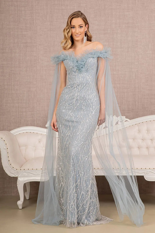 Sequin Bead Strapless Mesh Mermaid Dress w/ Side Long Mesh Layer by Tux-USA