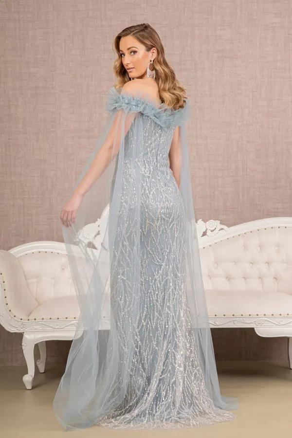 Sequin Bead Strapless Mesh Mermaid Dress w/ Side Long Mesh Layer by Tux-USA