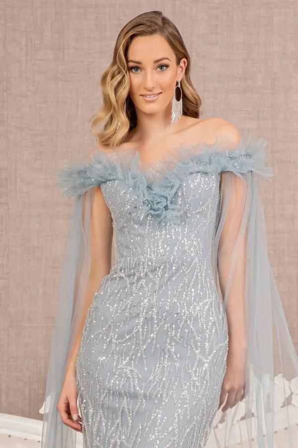 Sequin Bead Strapless Mesh Mermaid Dress w/ Side Long Mesh Layer by Tux-USA
