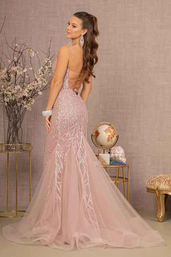 Sequin Bead Lace-up Back Trumpet Dress w/ Mesh Tail by Tux-USA