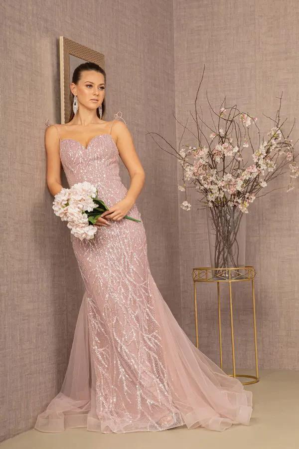 Sequin Bead Lace-up Back Trumpet Dress w/ Mesh Tail by Tux-USA