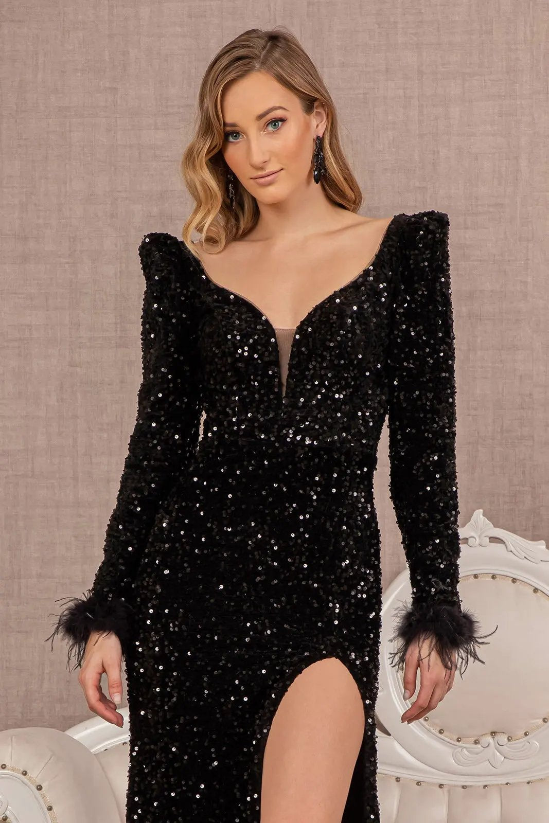 Puff Shoulder 3/4 Sleeves Feather Velvet Mermaid Dress by Tux-USA