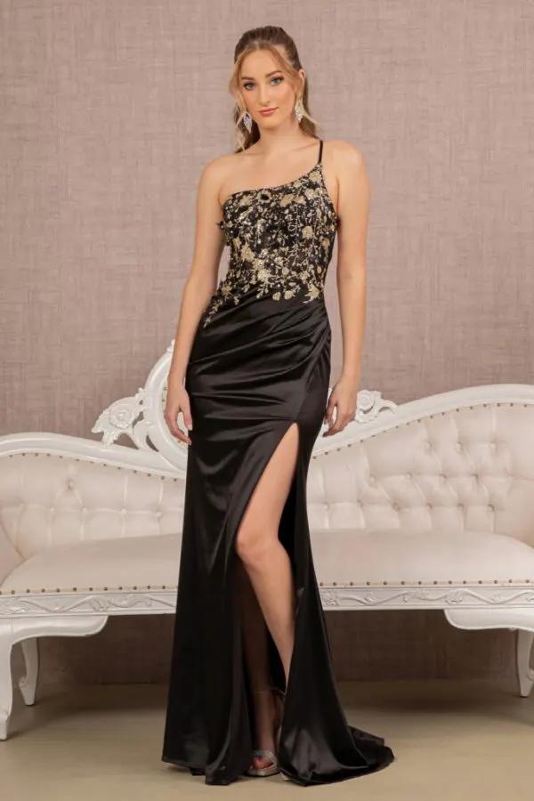Strapless Sheer Bodice Glitter Satin Mermaid Dress w/ Ruched Back by Tux-USA