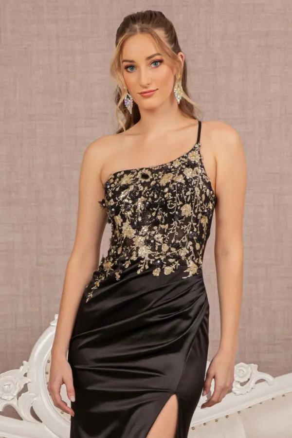 Strapless Sheer Bodice Glitter Satin Mermaid Dress w/ Ruched Back by Tux-USA