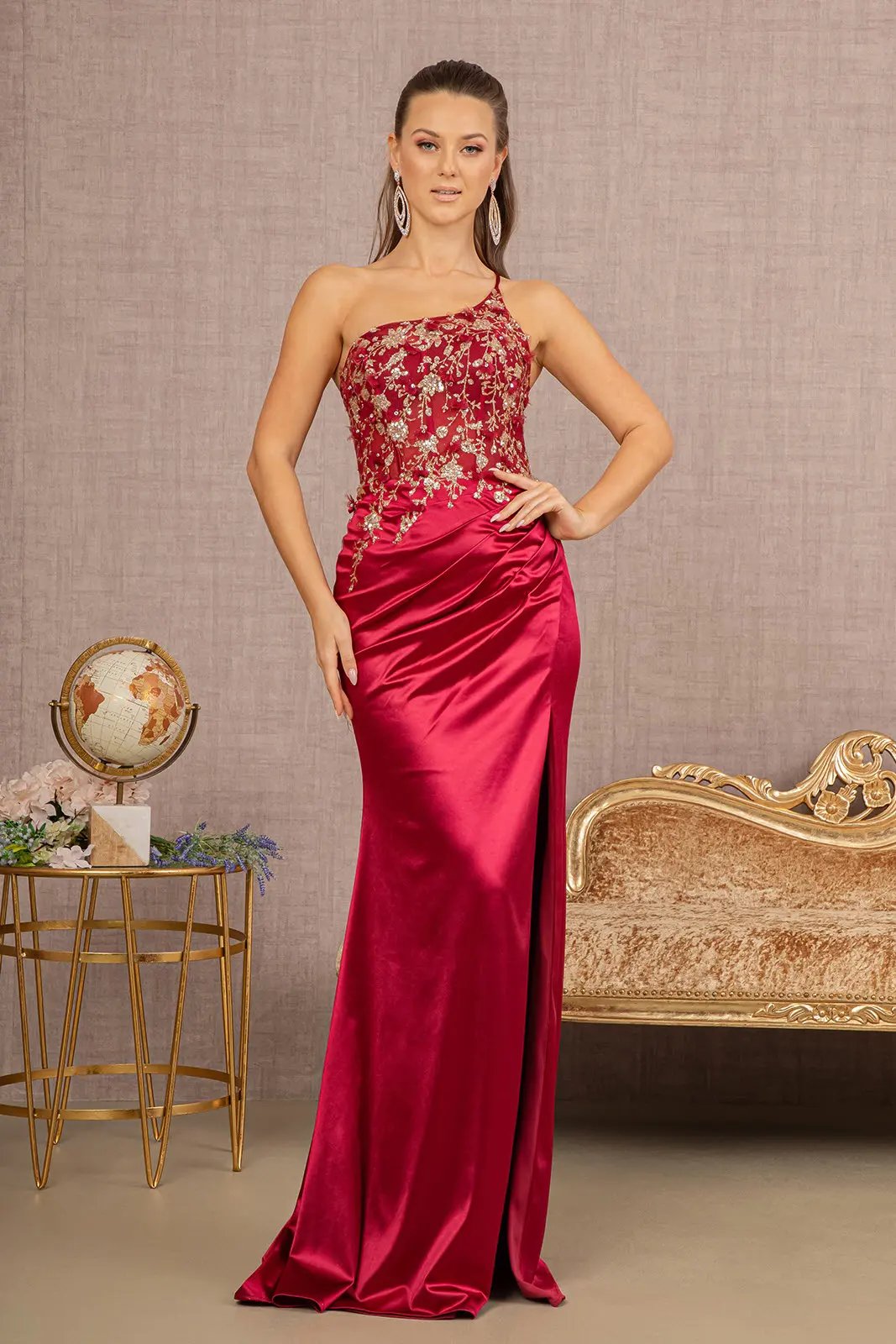 Strapless Sheer Bodice Glitter Satin Mermaid Dress w/ Ruched Back by Tux-USA