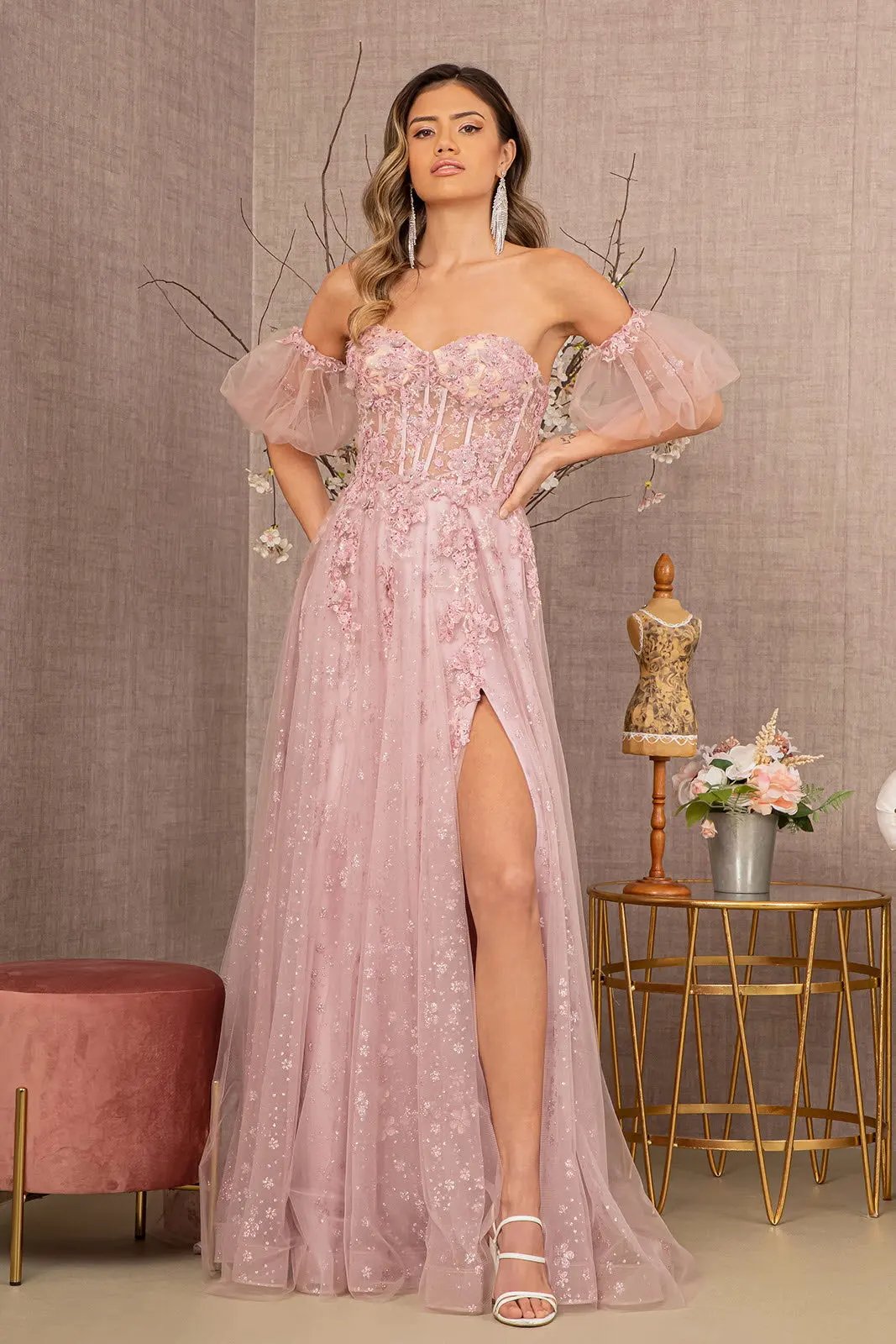 Strapless Sheer Bodice Mesh A-Line Dress w/ Detachable Short Mesh Sleeves by Tux-USA