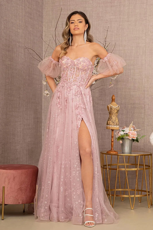 Strapless Sheer Bodice Mesh A-Line Dress w/ Detachable Short Mesh Sleeves by Tux-USA
