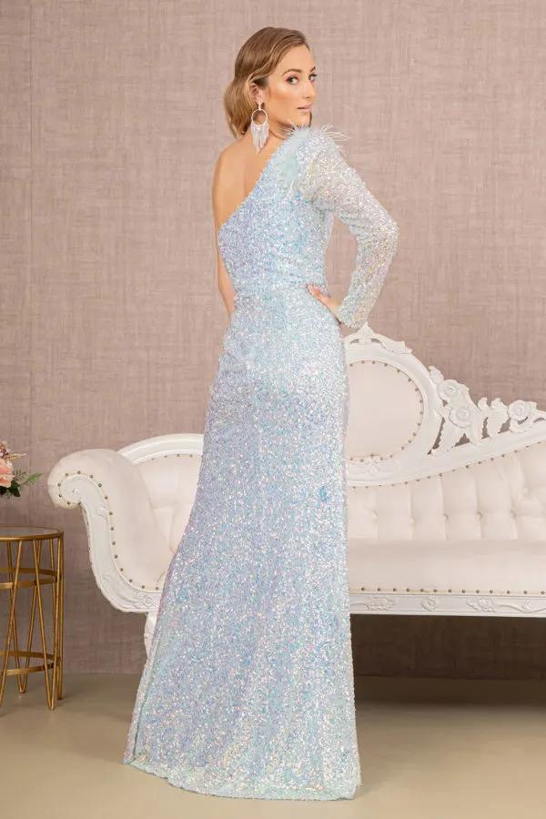 Feather Sequin Asymmetric Long Sleeve Mesh Mermaid Dress by Tux-USA