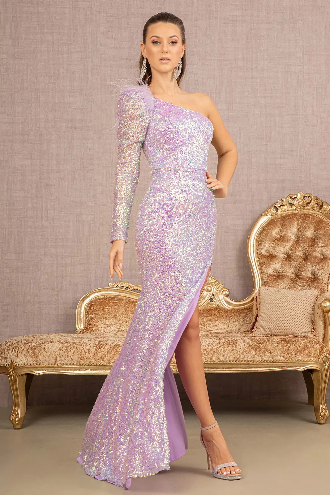 Feather Sequin Asymmetric Long Sleeve Mesh Mermaid Dress by Tux-USA