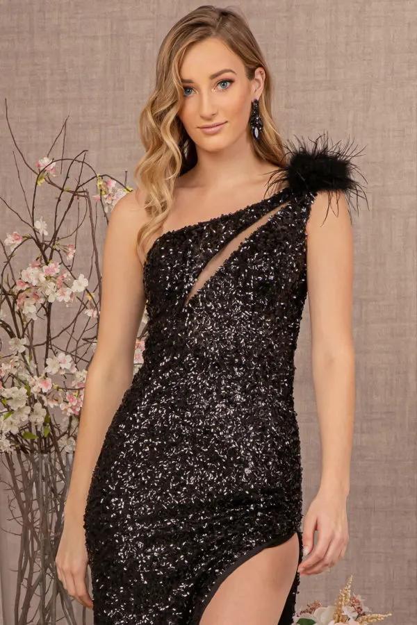 Sheer Bodice Sequin Mesh Mermaid Dress w/ Feather on Shoulder by Tux-USA