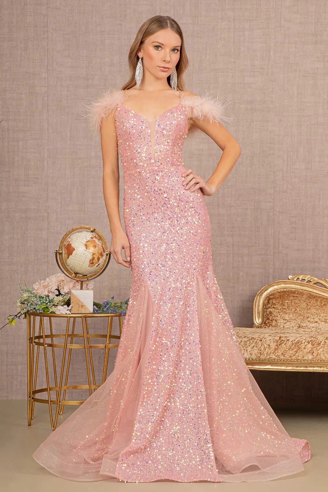 Sheer Bodice Sequin Glitter Trumpet Dress w/ Feather on Straps by Tux-USA