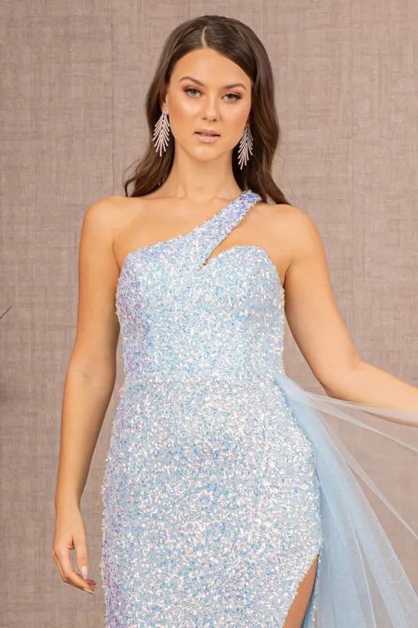 Sequin Glitter Asymmetric Mermaid Dress w/ Long Waist Mesh Layer by Tux-USA