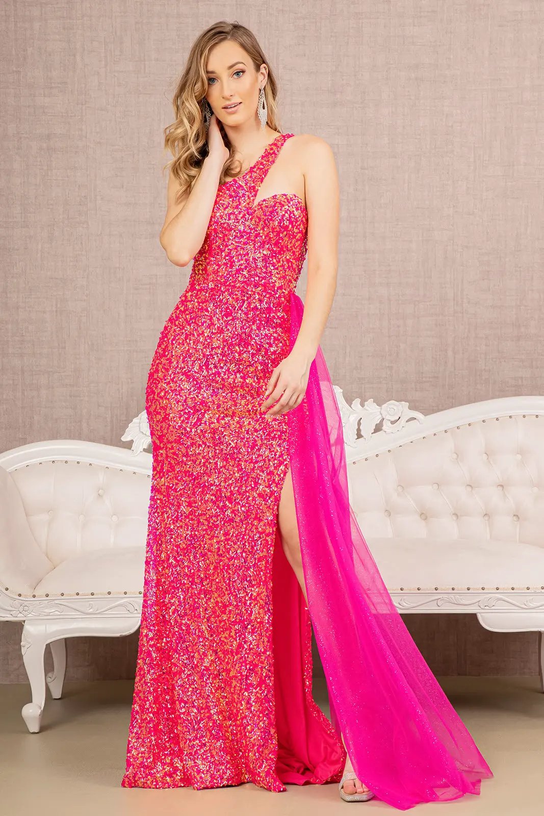 Sequin Glitter Asymmetric Mermaid Dress w/ Long Waist Mesh Layer by Tux-USA