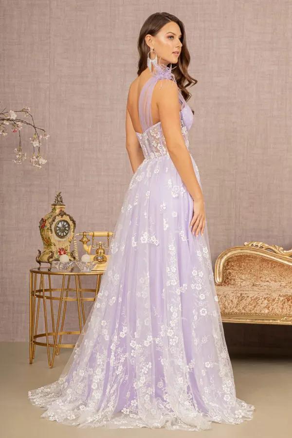Feather Sheer Bodice Asymmetric A-line Dress w/ Flower Applique by Tux-USA