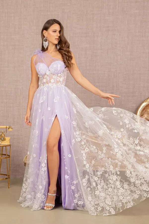 Feather Sheer Bodice Asymmetric A-line Dress w/ Flower Applique by Tux-USA