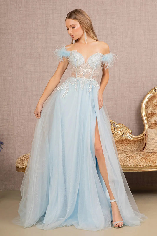 Feather Straps Sheer Bodice Glitter Sequin Mesh A-line Dress by Tux-USA