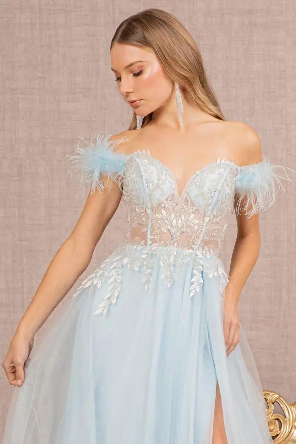 Feather Straps Sheer Bodice Glitter Sequin Mesh A-line Dress by Tux-USA