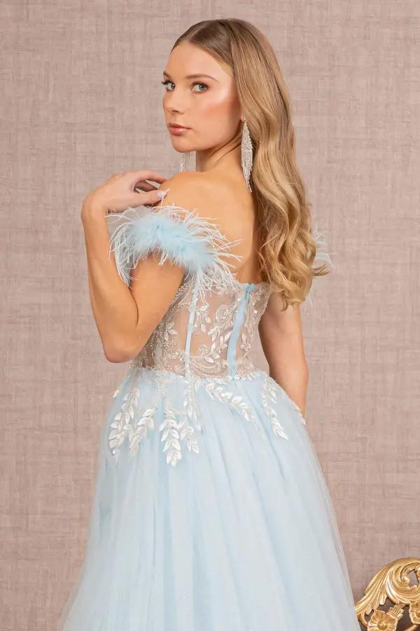 Feather Straps Sheer Bodice Glitter Sequin Mesh A-line Dress by Tux-USA